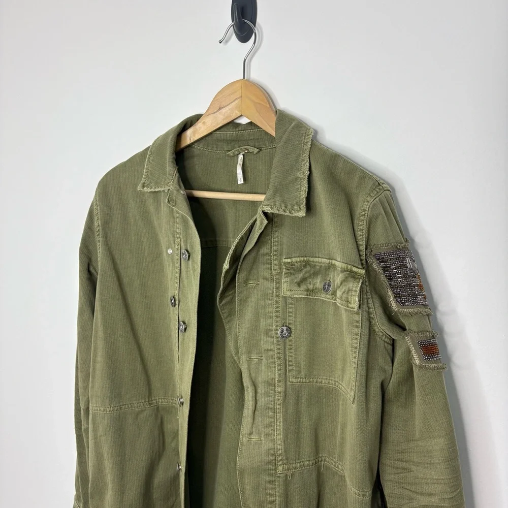 Free People Green Embellished Military Shirt Jacket Size Small - Picture 5 of 12